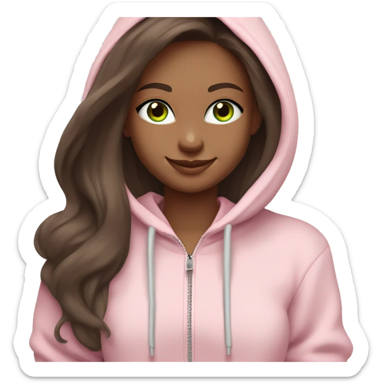 a girl with brown long hair, fair skin, green eyes, works relaxed and smiling at a modern laptop in a monochrome pale pink zip hoodie with a hood and a pink monochrome T-shirt sticker