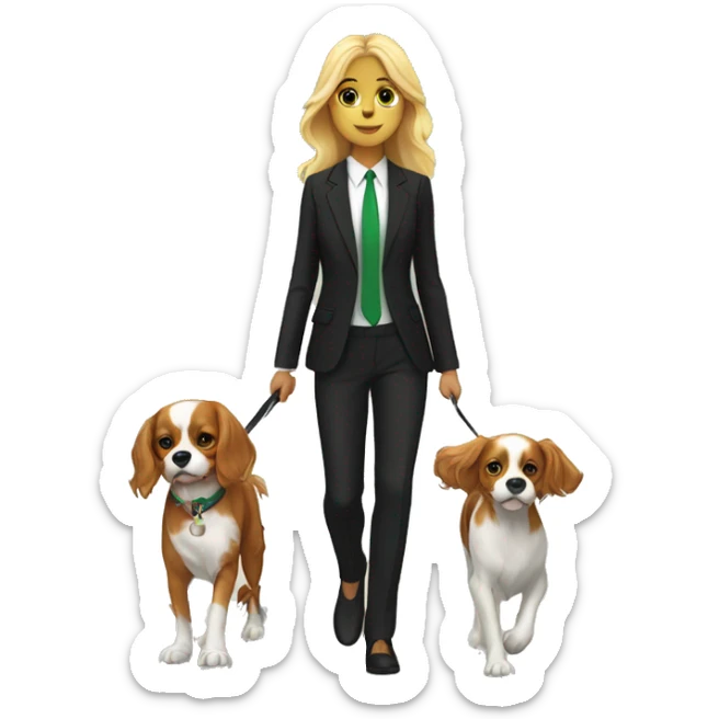 Blonde girl with green eyes going for a walk in suit with cavalier King Charles spaniel  sticker