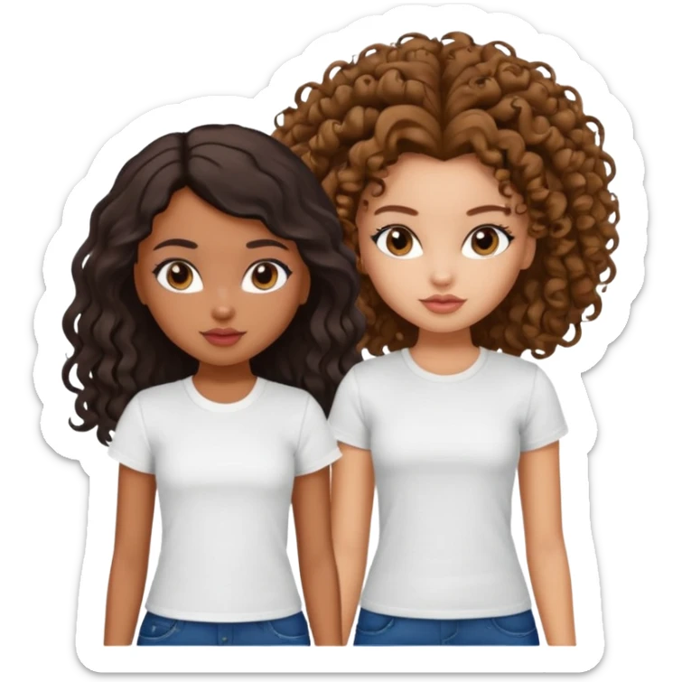 2 pretty bratz fair girls. One has straight brown hair and is tan, wearing a white tshirt. One is fair with curly black hair, wearing a black tshirt  sticker