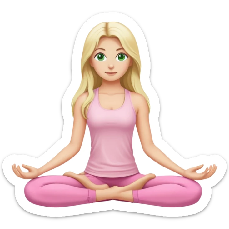 Long haired blonde with dark green eyes yoga girl light pink clothes n sticker