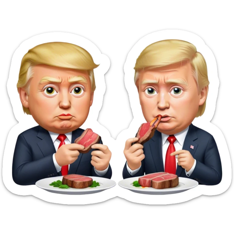 photorealistic Donald Trump and Putin eating a steak shaped like an piece of land sticker