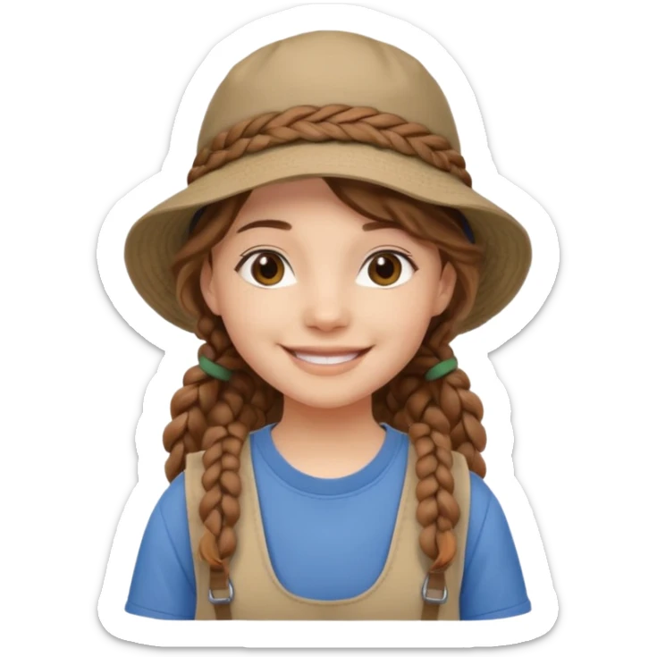 a young student girl with the backpack with bucket hat, brown wavy braided hair sticker