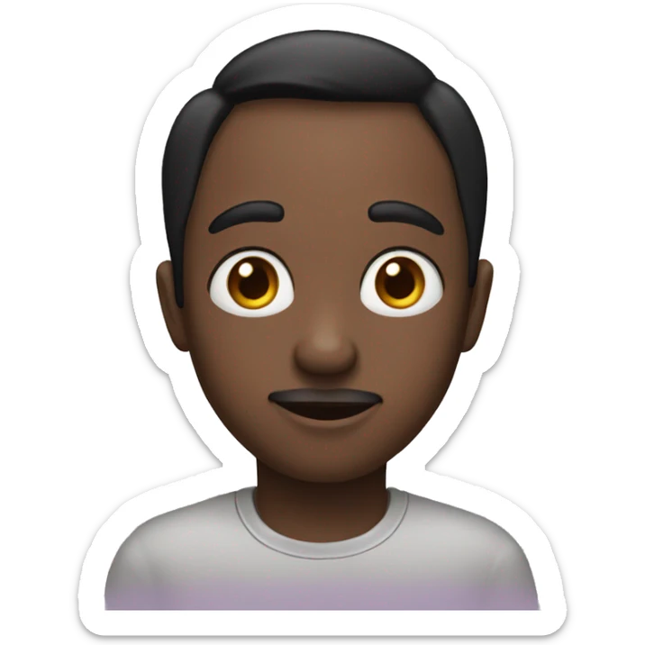 he has got a black short hair, big eyes, big nose with fair confections sticker