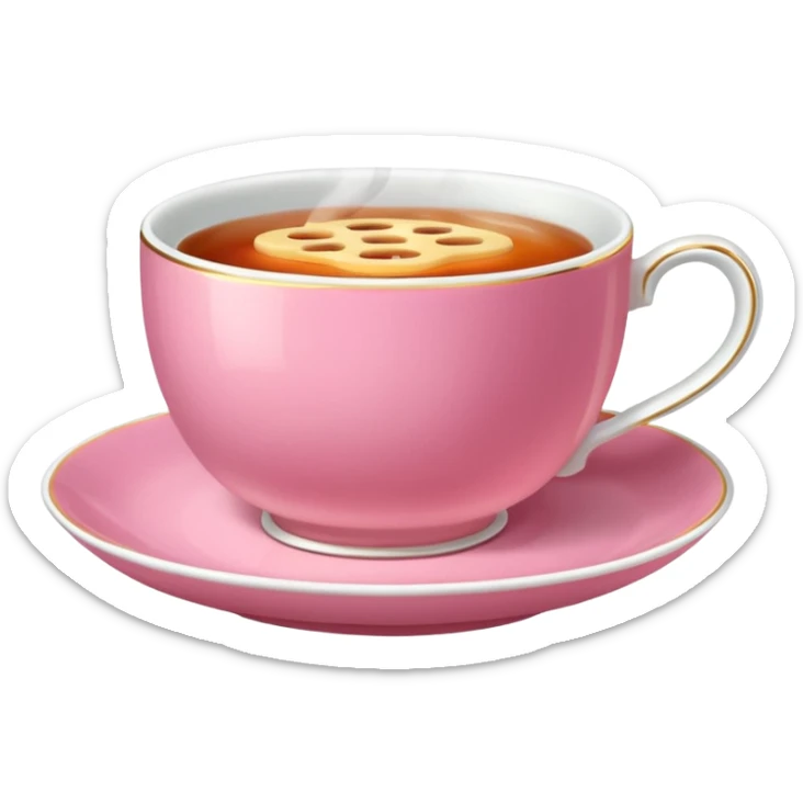An emoji of a steaming hot cup of tea. The cup should be pink, the tea should be breakfast tea colours and the background should be transparent sticker