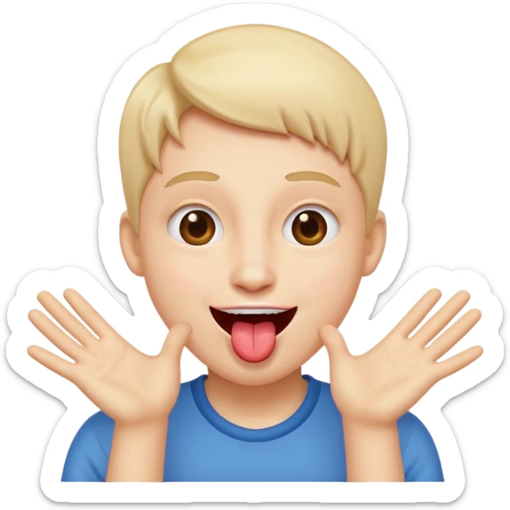 pessoa fazendo careta, com sorriso divertido, língua pra fora e mãos abertas próximas ao rosto sticker