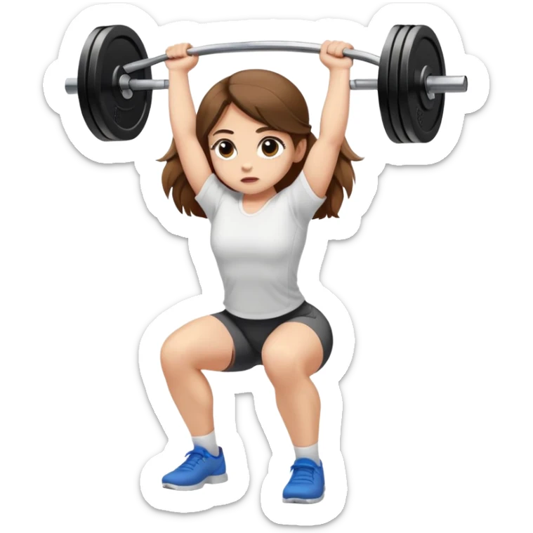 A girl with light skin, big eyes, long brown hair and wearing a white shirt is doing an overhead squat with a lot of weight on the barbell sticker