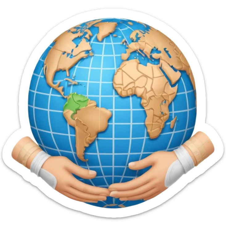 Generate an emoji of two hands shaking in front of a globe. Have a bandage wrap around the globe in the background. sticker