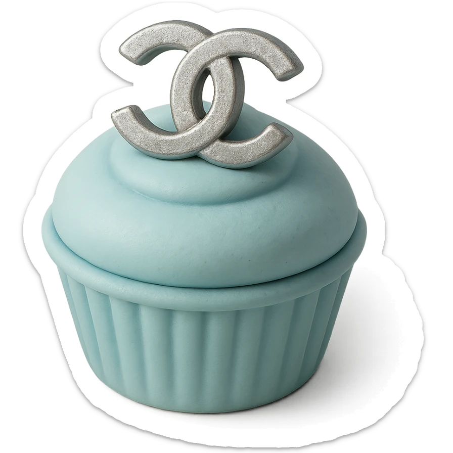 pastel blue Chanel cupcake with a silver logo sticker