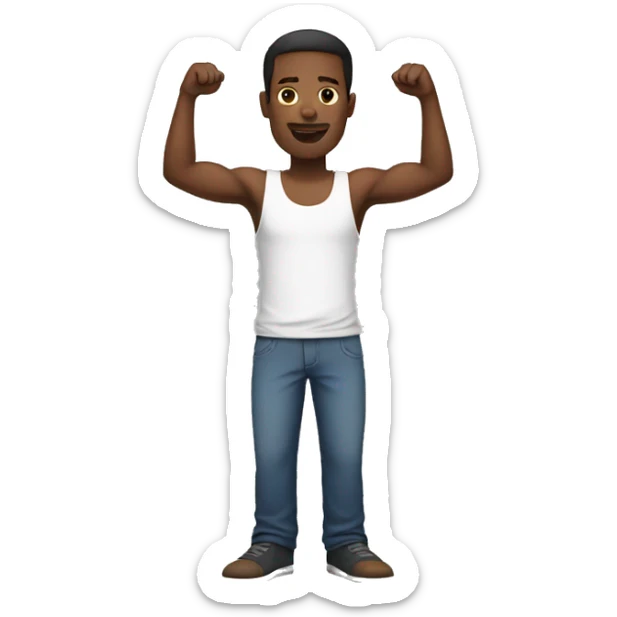 a black man wearing a white tank top standing straight with his arms raised straight up sticker