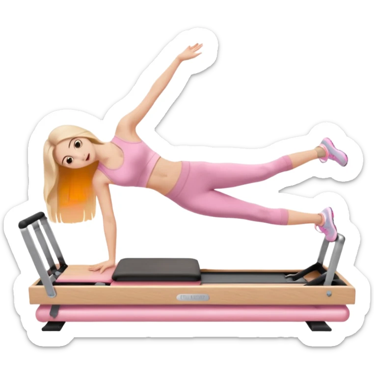 pretty white brunette teen long hair with hazel eyes and a small waist in light pink workout clothes in a plank on a pilates reformer sticker