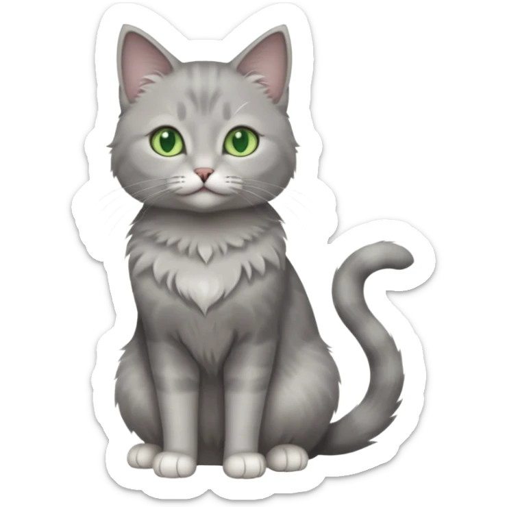 full body view of beautiful female grey cat with green eyes, white paws and white chest sticker