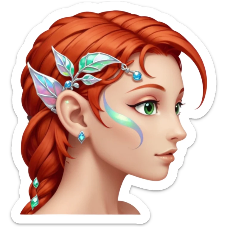 portrait of red haired Elvish fae shiny sparkly iridescent translucent diaphanous ear climber ear cuff sticker