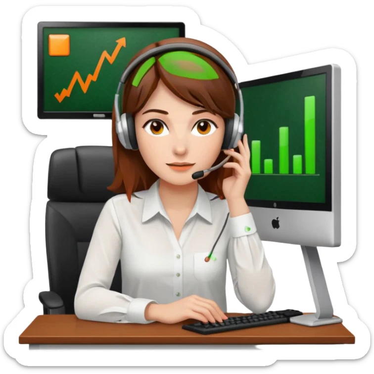 a woman, brown hair, middle european, sitting in the office in front of a computer, wearing a blouse and a headset. she is controling the limits on screen. green = ok, orange = am Limit, rot = überschritten sticker