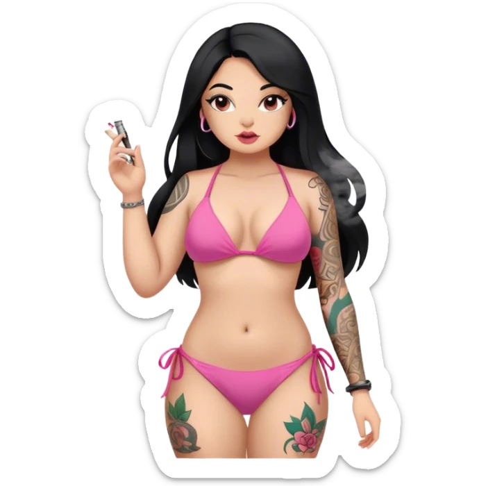 caucasian curvy body girl, with tattoos, in pink bikini, make smoke, with a long straight black hair  sticker
