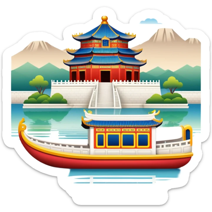 Summer Palace Beijing with marble boat, simplified emoji style with bold outlines and bright colors, cartoon style traditional Chinese palace on lake sticker