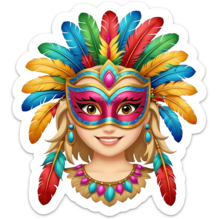 A girl wearing a decorated festival mask with bright feathers, smiling softly beneath it. sticker