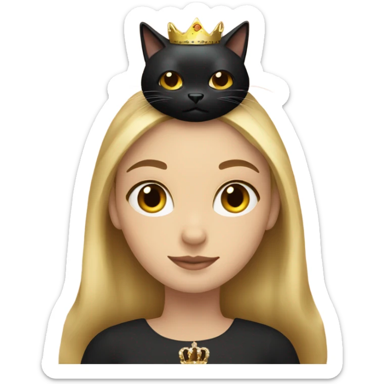 Blonde girl holding a black cat wearing pink and cat is wearing a crown sticker
