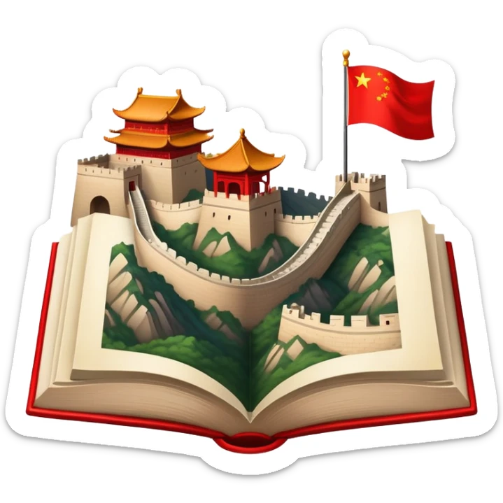 An icon featuring the Great Wall of China and the flag of China, symbolizing the Chinese language. The design includes an open book with Chinese characters and a red lantern, representing language learning and rich cultural tradition. Transparent background highlights the depth of Chinese heritage. sticker