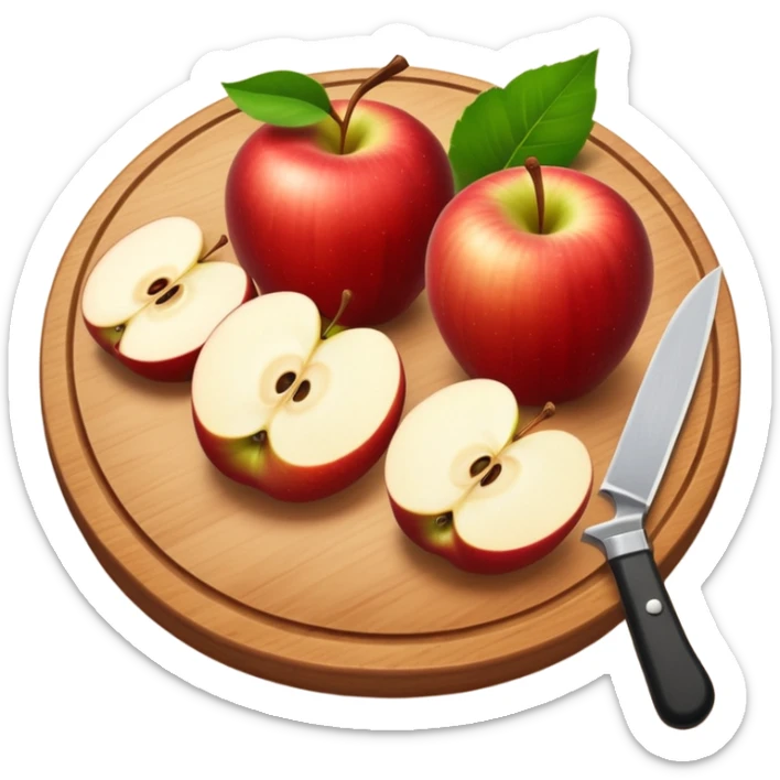 A round wooden board with a whole apple and several slices on it and knife with leaves sticker