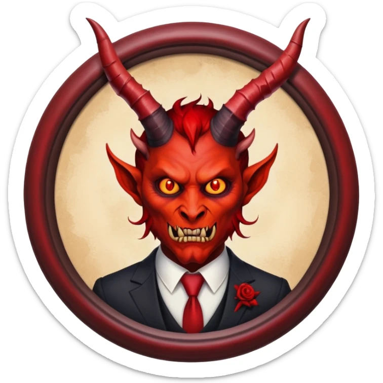 round oil painting in frame, portrait of a demon in a suit sticker