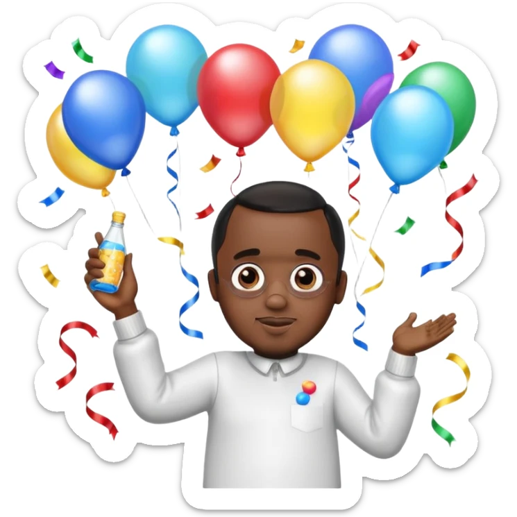 Diddy holding baby oil at a party with balloons and confetti and banners oiled up sticker