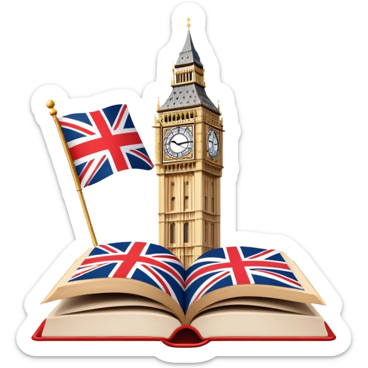 An icon featuring the Big Ben clock tower and the flag of the United Kingdom, symbolizing the English language. The design includes an open book with English words and phrases, representing language learning and cultural exploration. Transparent background  sticker