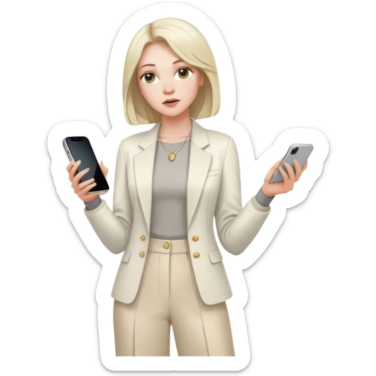 pale skin woman with ash blonde Straightened bob Hair, White Spacious classical jacket, beige palazzo Arrow pants and gray blouse holding white IPhone 14 pro in the hands sticker