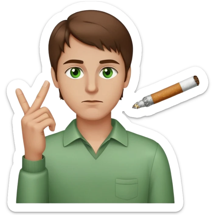 Chico con ojos verdes pelo castaño fumando un cigarro y sacando el dedo sticker