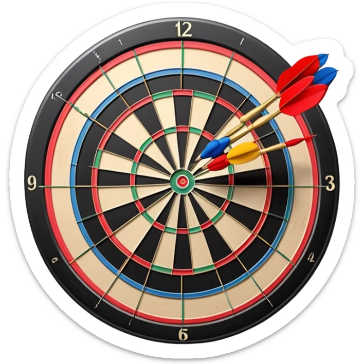 A dartboard with darts firmly stuck in the bullseye, surrounded by the colorful sections of the target. The background conveys a competitive atmosphere, with a subtle focus on precision and skill in the game of darts. sticker