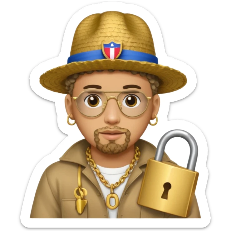 An emoji of Bad Bunny, the superstar from Puerto Rico. The singer. His hair is curly. He has a padlock beard. An an traditional boricua hat.  sticker