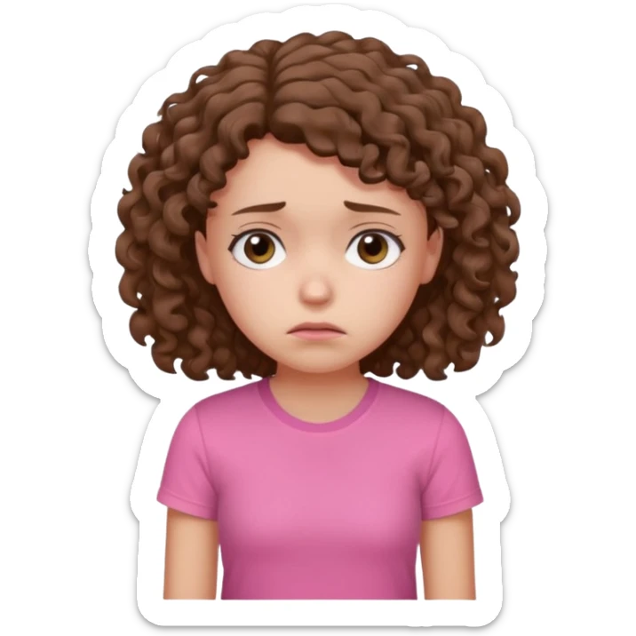Young girl with curly hair and a pink T-shirt, looking sad and discouraged sticker