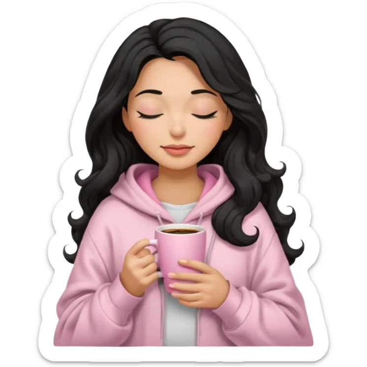 hispanic woman, black long wavy hair , closed eyes, feminine face, holding soft pink coffee cup wearing white Hoodie with pink blanket over shoulders sticker