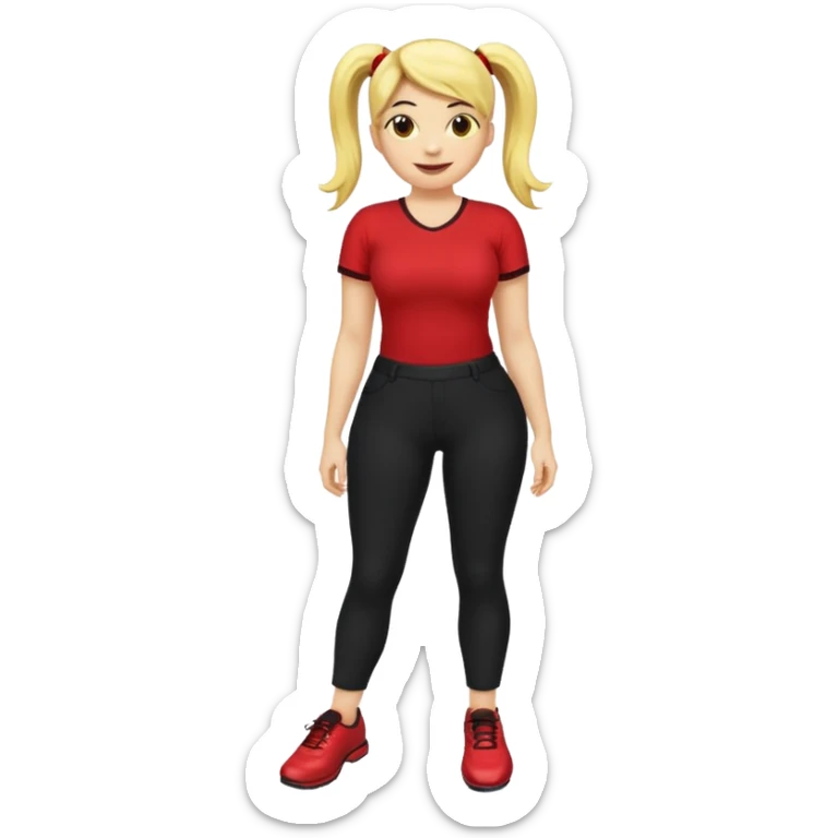 A smiley yellow emoji (like 😊) with a ponytail, red shirt, big breasts, black pants, ass and red shoes sticker