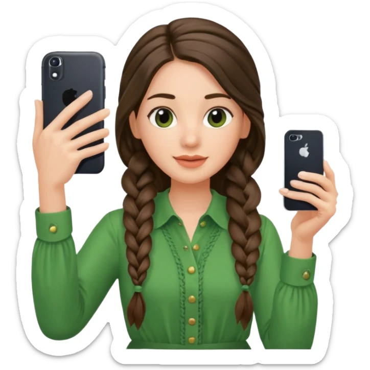 brunette long braided haired woman with green blouse holding her phone having selfie sticker