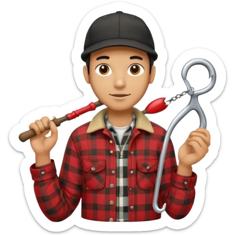 vit Ung man med svart keps röd gul rutig flanellskjorta hållandes en båtshake med stor torsk sticker