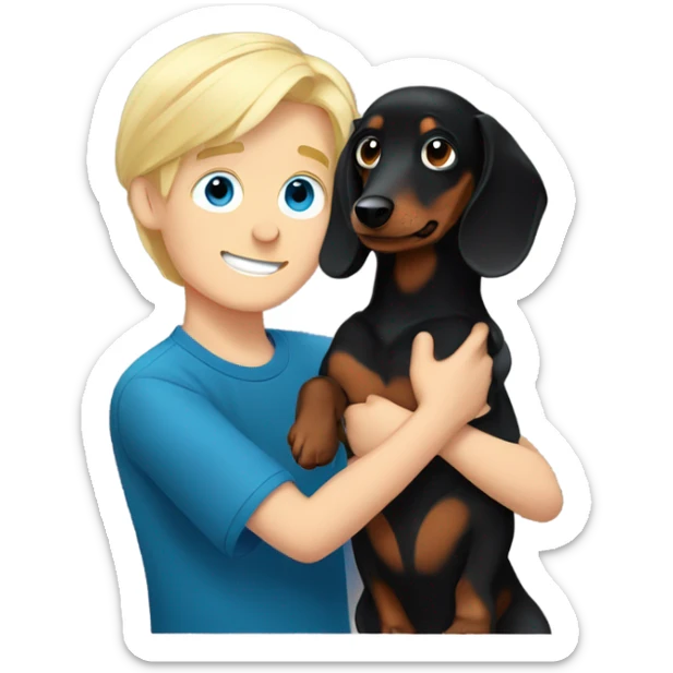 Blonde hair blue eyed boy cuddling black long haired dachshund  sticker