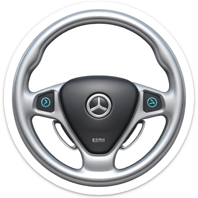 A futuristic steering wheel emoji made of silver chrome, minimal geometric design, smooth metallic surface, soft reflections, iOS emoji style, centered, clean white background sticker