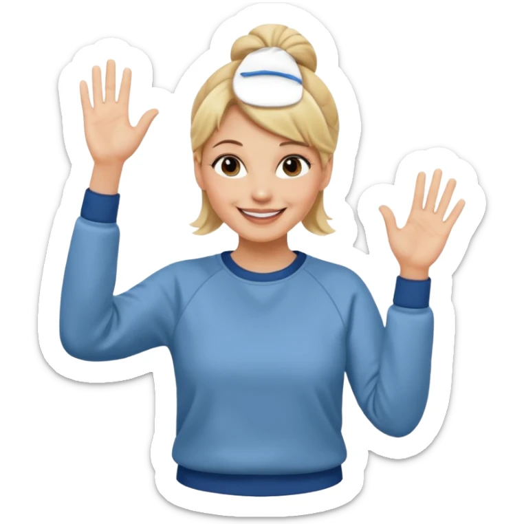 50 year old blonde woman with bun in casual clothes and sweat shirt waving sticker