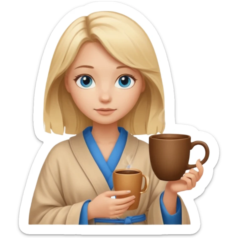 cozy blonde girl with middle length hair and blue eyes holds a brown cup in beige  robe sticker