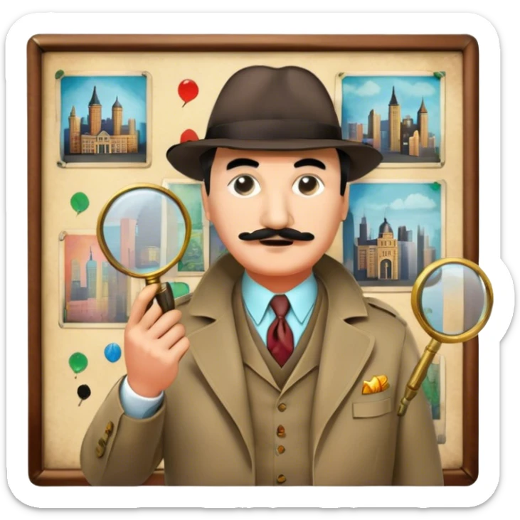 Icon for Detective Movies: A colorful collage featuring Detective Poirot, with a magnifying glass, revolver and a mysterious city backdrop. Include a board with photos of suspects, fingerprints, and a crime scene. Retro movie poster style. Transparent background. sticker