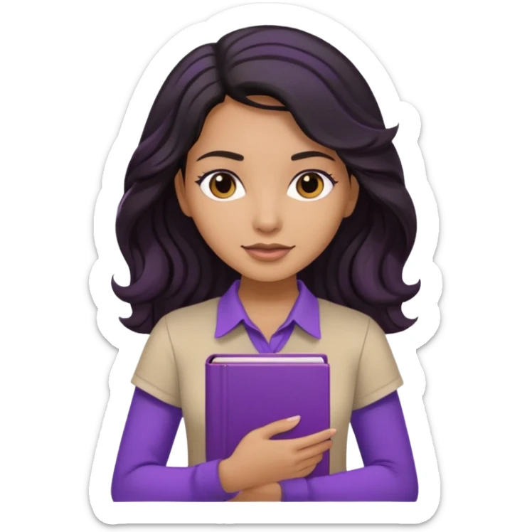 Long Hair Women, with Black dark wavy hair, with purple Book, beige shir, without background sticker