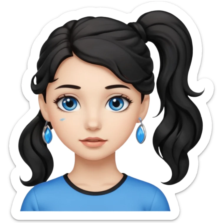 a girl with blue eyes, black wavy hair in a ponytail, clean girl makeup sticker