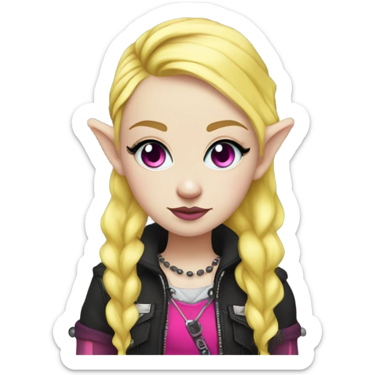 Blue eyed long eye lashes blonde  pale hime gyaru girl, hot pink and yellow split-dyed hair, nose ring, elf ears, dark makeup, punk clothes sticker