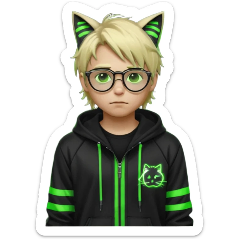 Light blond, slightly messy hair
Black glasses
A black hoodie with cat ears
Neon green details on the jacket and pants (glowing lines and stripes)
An overall hacker / cyberpunk style look
A neutral facial expression boy sticker