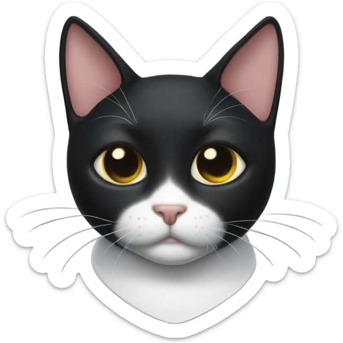A black cat with a white spot on his chest, like an apron, and a white triangular nose sticker