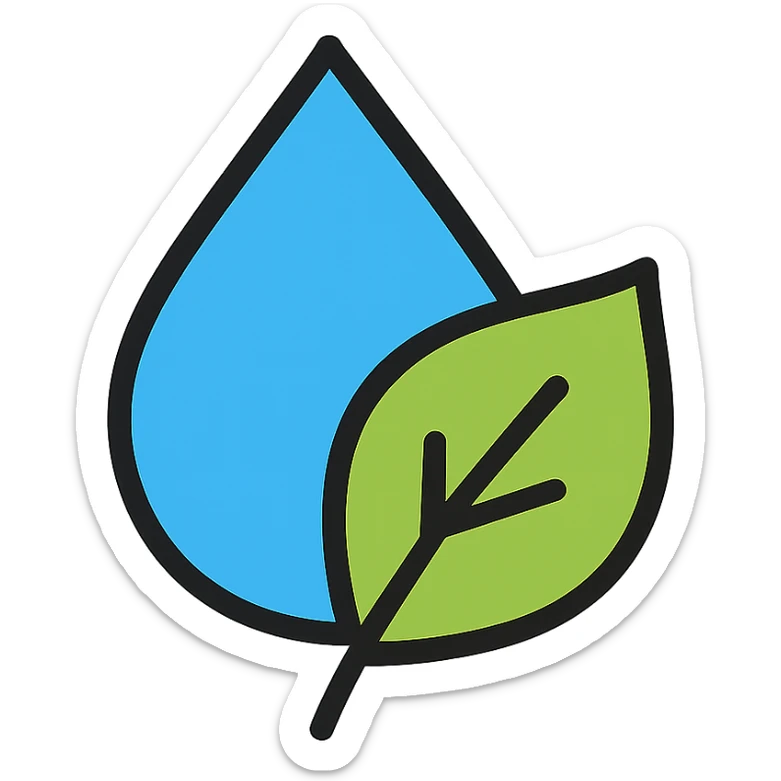 water droplet and a leaf merged together, outlined in black with color fills, crisp icon style sticker