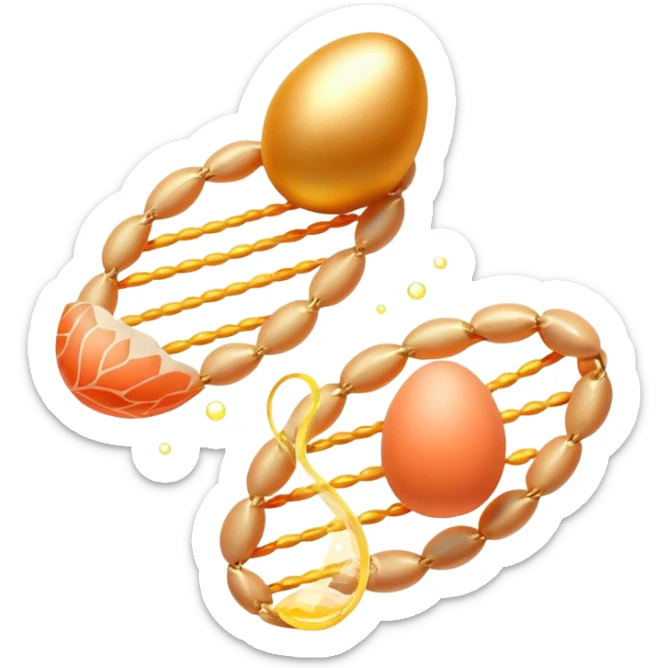 Golden egg, bright salmon, chicken, and tofu floating around a glowing DNA strand. Golden muscle fibers extend from the foods, showing how complete proteins build and repair the body. The entire scene has a magical glow representing essential amino acids. sticker