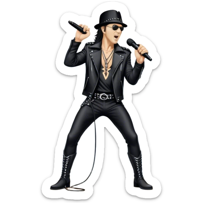Icon for Rock Music: Klaus Meine holds a microphone stand in his hands performing with Scorpions on stage, with powerful stage presence. The vibe should capture the energetic and iconic sound of Scorpions, with vibrant lighting and a stadium atmosphere. Transparent background. sticker