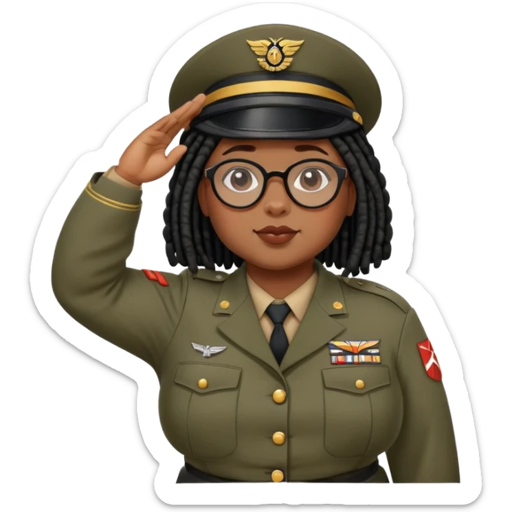 chubby black girl with pretty black shoulder-length locs and round glasses wearing a wwii soldier uniform and saluting sticker