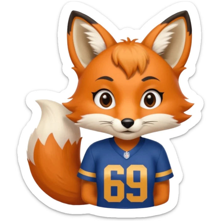 A cute girl fox with a bushy tail wearing a LA Rams shirt - with the number 69 on it sticker